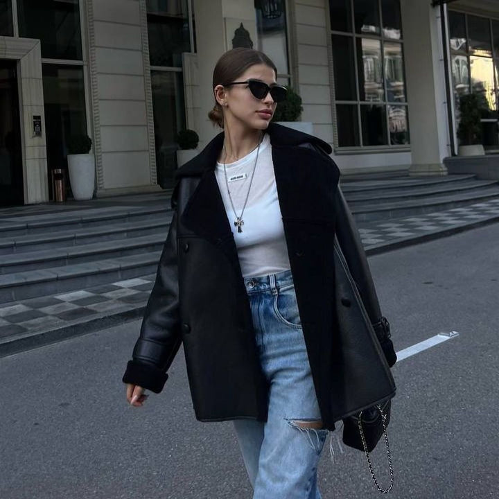 Women Oversized Flight Jacket made of Lambskin Imitation with Double-Breasted Button Placket Mune Fashion