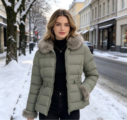 Women's short tailored winter quilted jacket with removable faux fur collar, tonal waist straps and concealed two-way zipper Mune Fashion