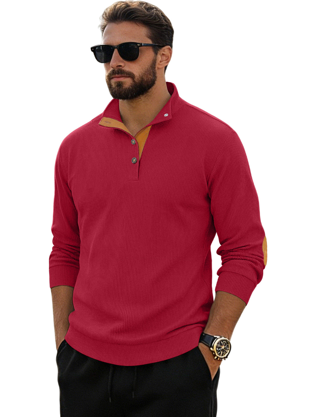 Men's fine ribbed knitted pullover with polo collar button placket and elbow patch Mune Fashion