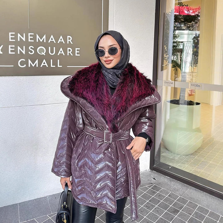Ladies Shiny Padded Jacket with Waist Belt and Voluminous Faux Fur Collar Mune Fashion