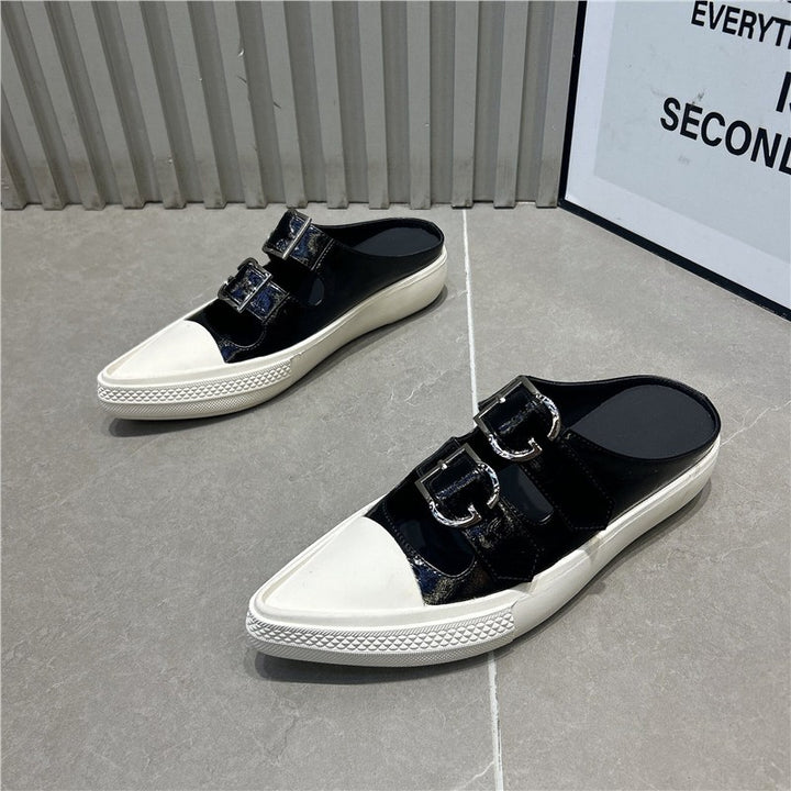 Women's pointed toe mule sneakers with double buckle straps and flat platform sole Mune Fashion
