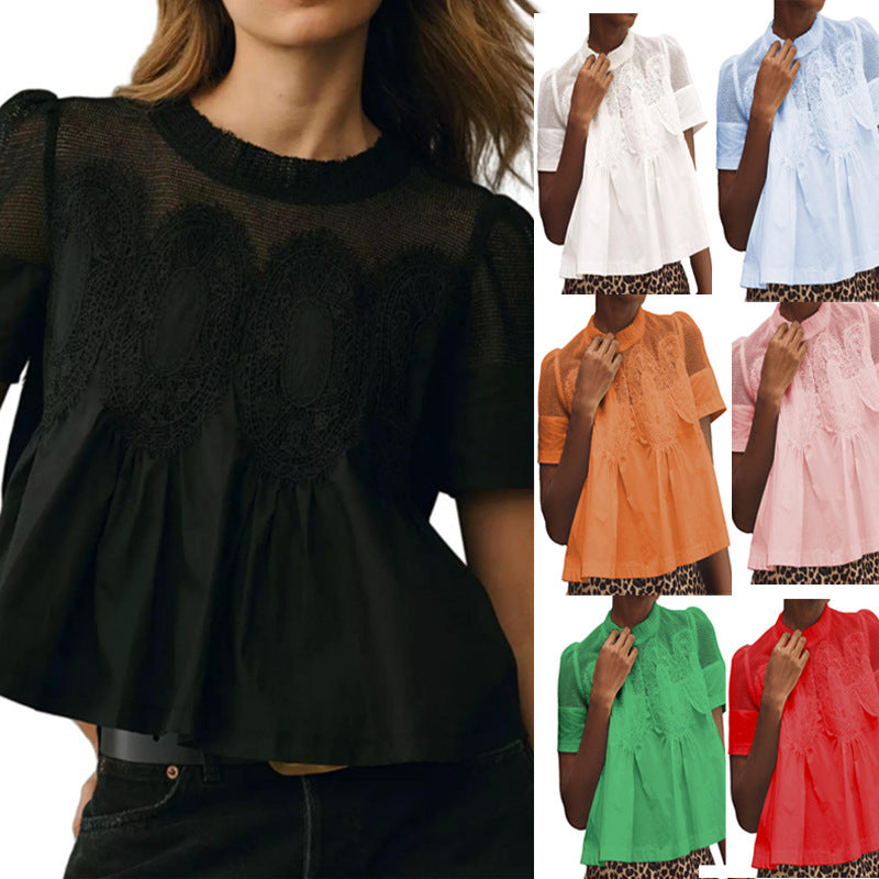 Ladies lace blouse top with stand-up collar, mesh insert and gathered A-line silhouette Mune Fashion