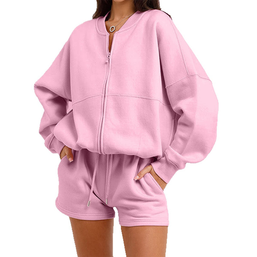 Women's two-piece sweat set with oversized zip-up jacket and elastic high-waist shorts Mune Fashion