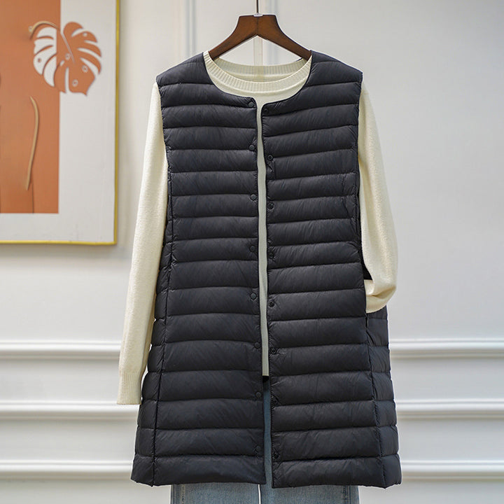 Women's long ultra-lightweight quilted vest with round neckline and snap button closure Mune Fashion