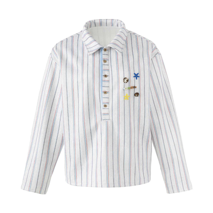 Women's Loose Long Sleeve Shirt with Half Button Placket, Striped Pattern and Decorative Buttons Mune Fashion