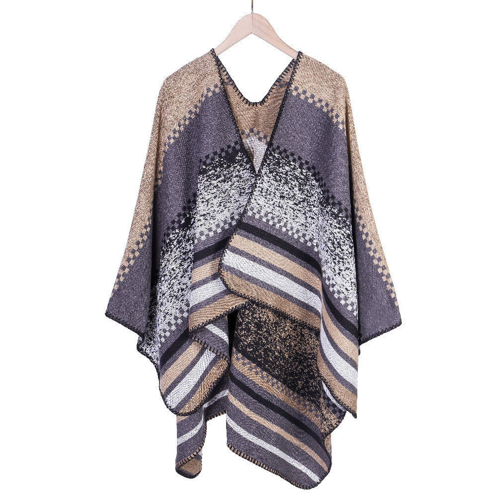 Women's Chunky Knit Oversized Ruana with Graphic Block Pattern and Asymmetrical Pointed Hem Mune Fashion