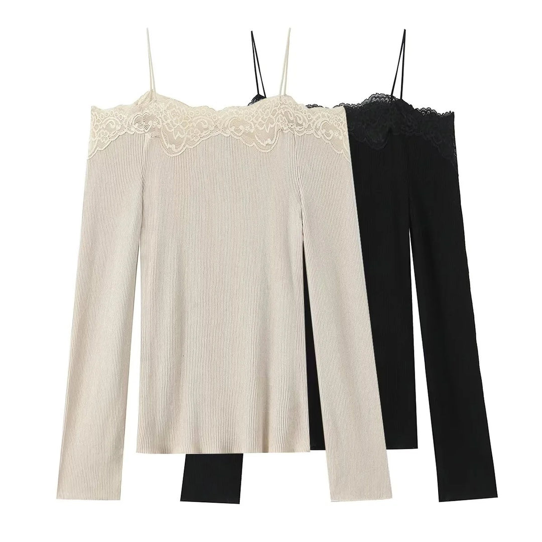 Women's fine-knit top with carmen neckline, spaghetti straps, and lace edge Mune Fashion