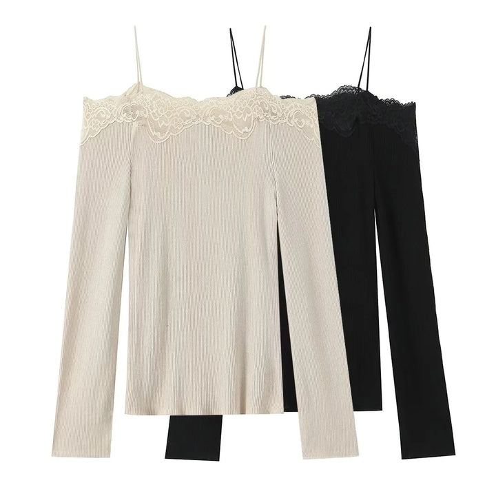 Women's fine-knit top with carmen neckline, spaghetti straps, and lace edge Mune Fashion