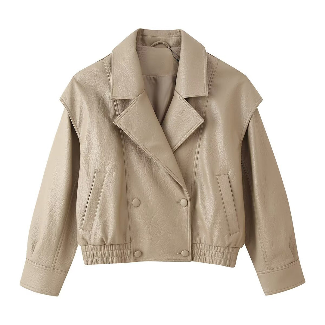 Women's Cropped Leather Look Blouson with Double Row, Elastic Hem and Oversize Lapels Mune Fashion