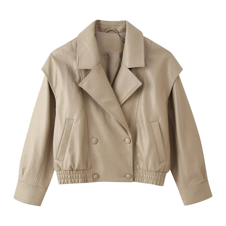 Women's Cropped Leather Look Blouson with Double Row, Elastic Hem and Oversize Lapels Mune Fashion