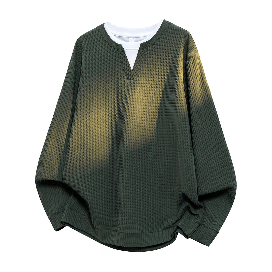 Men's Oversized Waffle Structure Long Sleeve Shirt with V Insert and Layering Look Mune Fashion