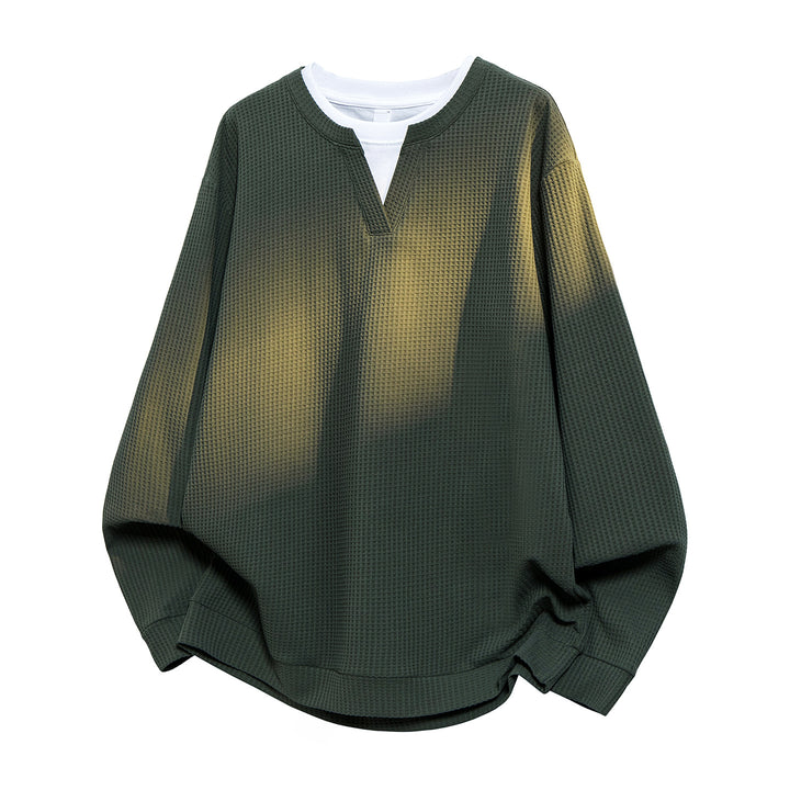 Men's Oversized Waffle Structure Long Sleeve Shirt with V Insert and Layering Look Mune Fashion