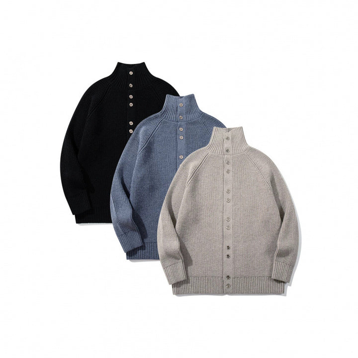 Men's chunky knit button cardigan with high roll collar and raglan sleeves Mune Fashion