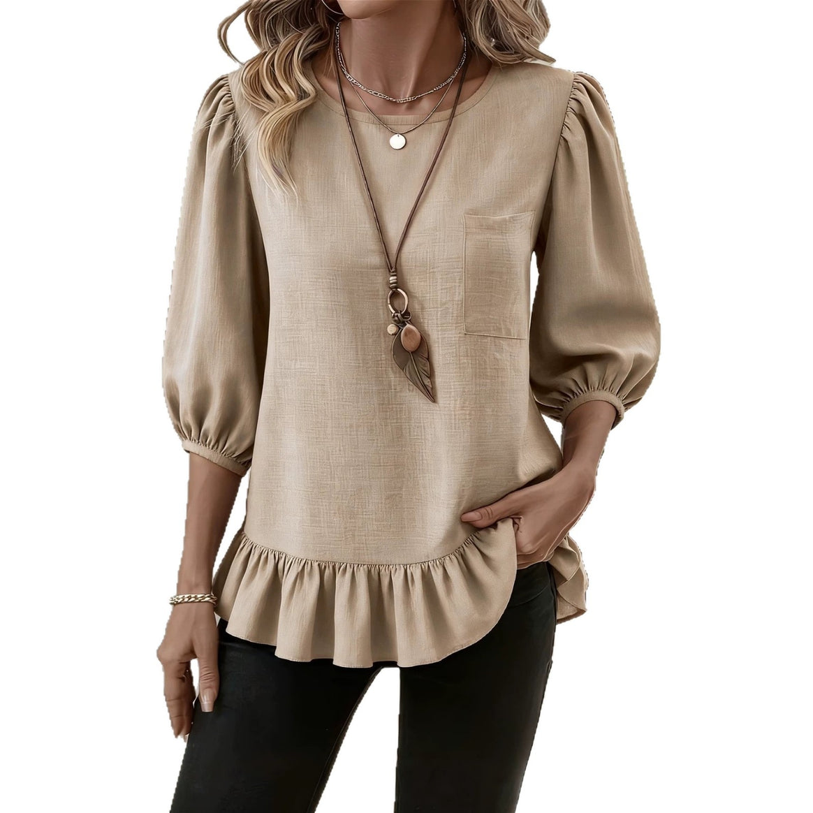 Women's blouse with puff sleeves, chest pocket and tiered ruffle Mune Fashion