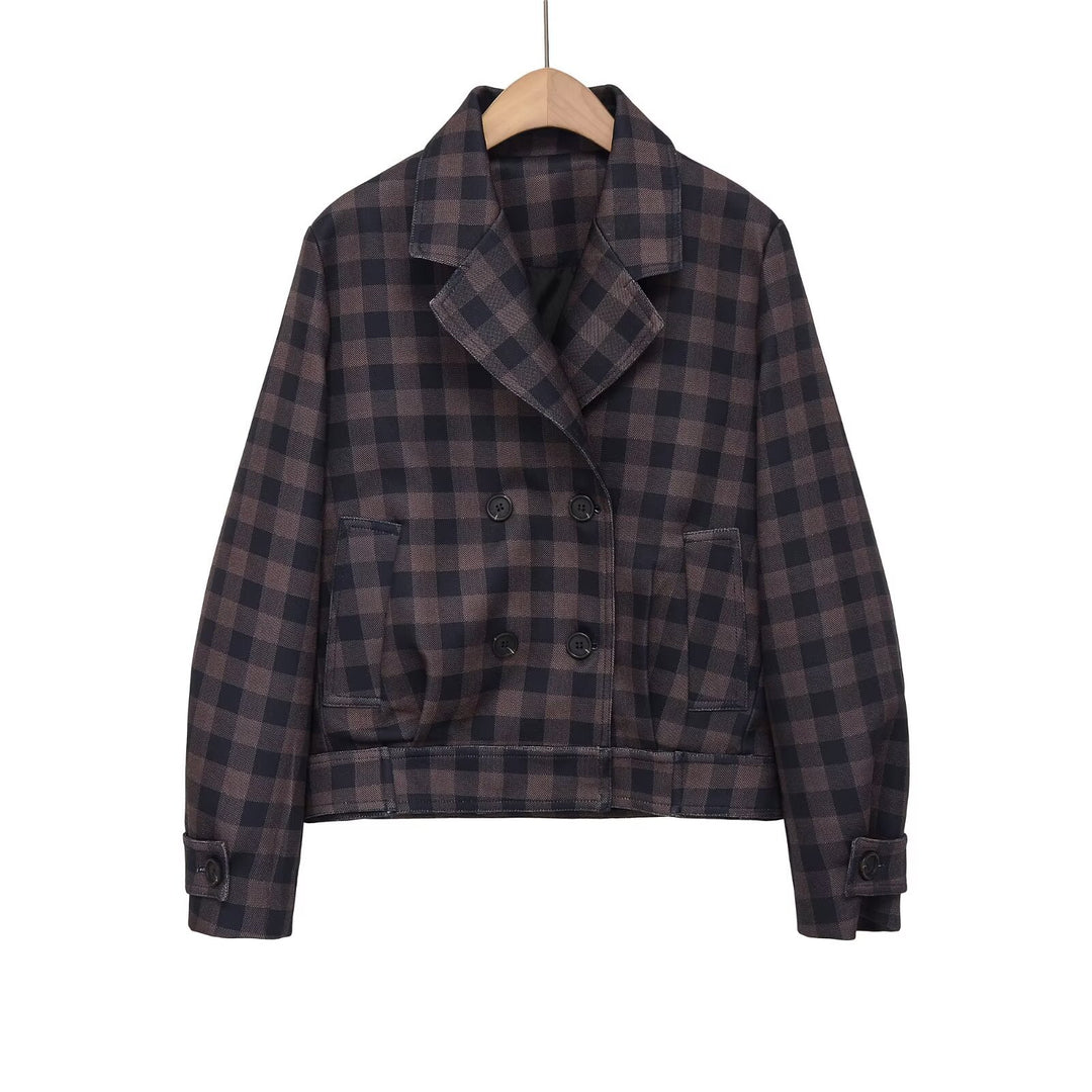 Women's Short Double-Breasted Jacket in Checked Design with Notched Collar and Waistband Mune Fashion