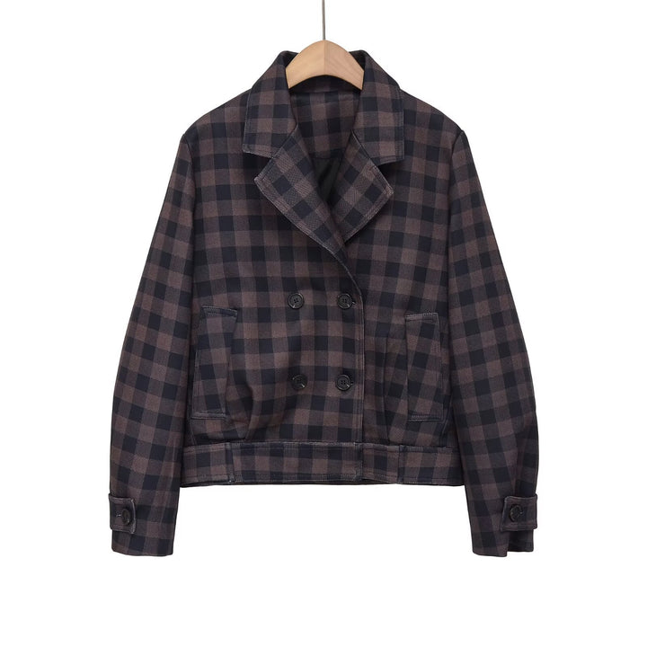 Women's Short Double-Breasted Jacket in Checked Design with Notched Collar and Waistband Mune Fashion