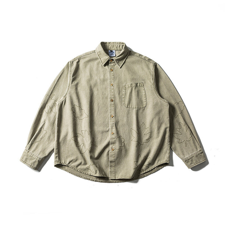 Unisex Oversized Shirt Jacket with Embroidered Leaf Motifs and Rounded Hem Mune Fashion