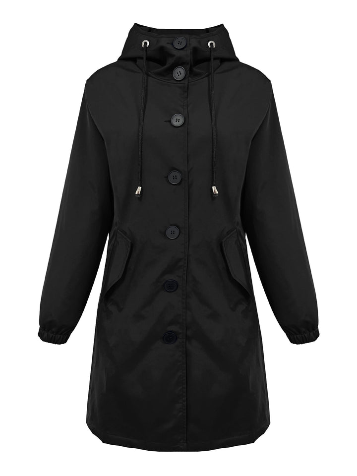 Women nan lightweight rain parka with hood, oversized button placket, drawstring and patch pockets Mune Fashion