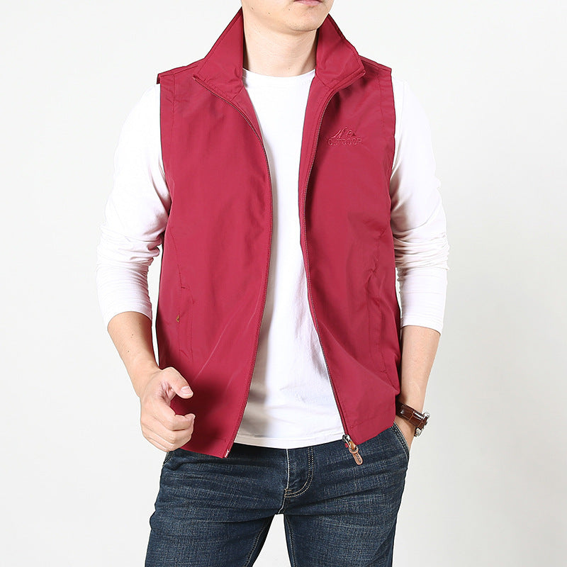 Men's Sleeveless Utility Vest with Stand Collar, Zipper and Pockets Mune Fashion