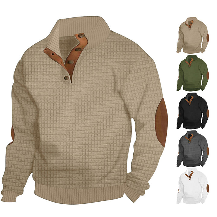 Men's waffle structure troyer with stand-up collar, button placket and nappa leather elbow patches Mune Fashion