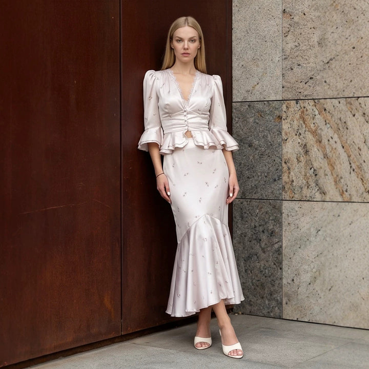 Women's Two-Piece Satin Set with Tailored Peplum Blouse & Mermaid Midi Skirt Mune Fashion