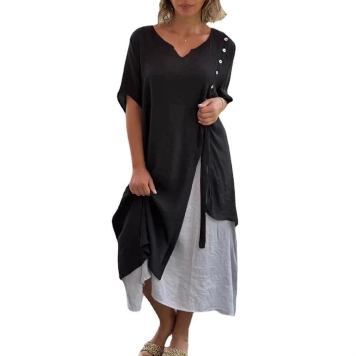 Women's double-layer shirt dress with asymmetric layered skirt, side decorative button placket, and drawstring Mune Fashion