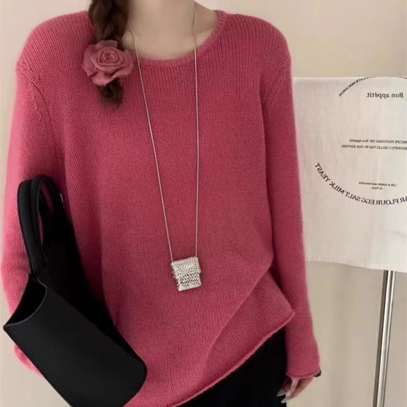 Women Light Oversize Fine Knit Sweater with Round Neck, Subtle Sheer Effect and Rounded Hem Mune Fashion