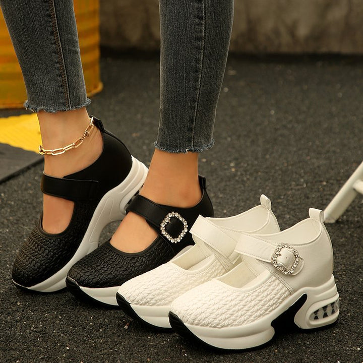 Women's Platform Sneaker Mules with Knitted Upper, Decorative Straps and Sculpted Air Sole Mune Fashion