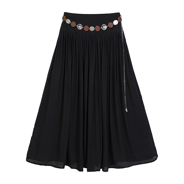 Women's maxi skirt with gathered waist, flowing flared shape and decorative coin belt Mune Fashion