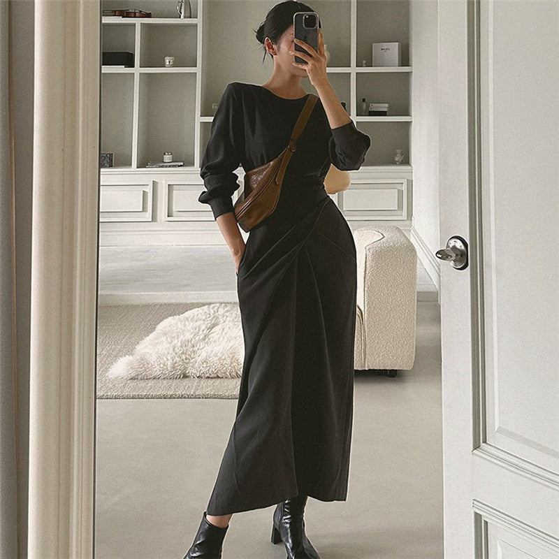 Women’s Modern Long Dress with Overlapping Waistline, Concealed Pockets, and Boxy Silhouette Mune Fashion