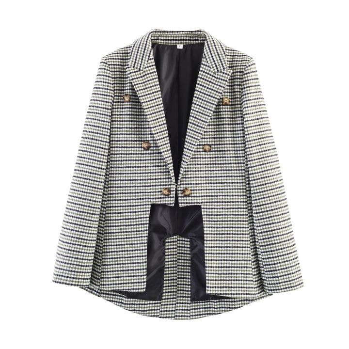 Women's Check Blazer with Asymmetrical Cropped Front and Wooden Buttons Mune Fashion