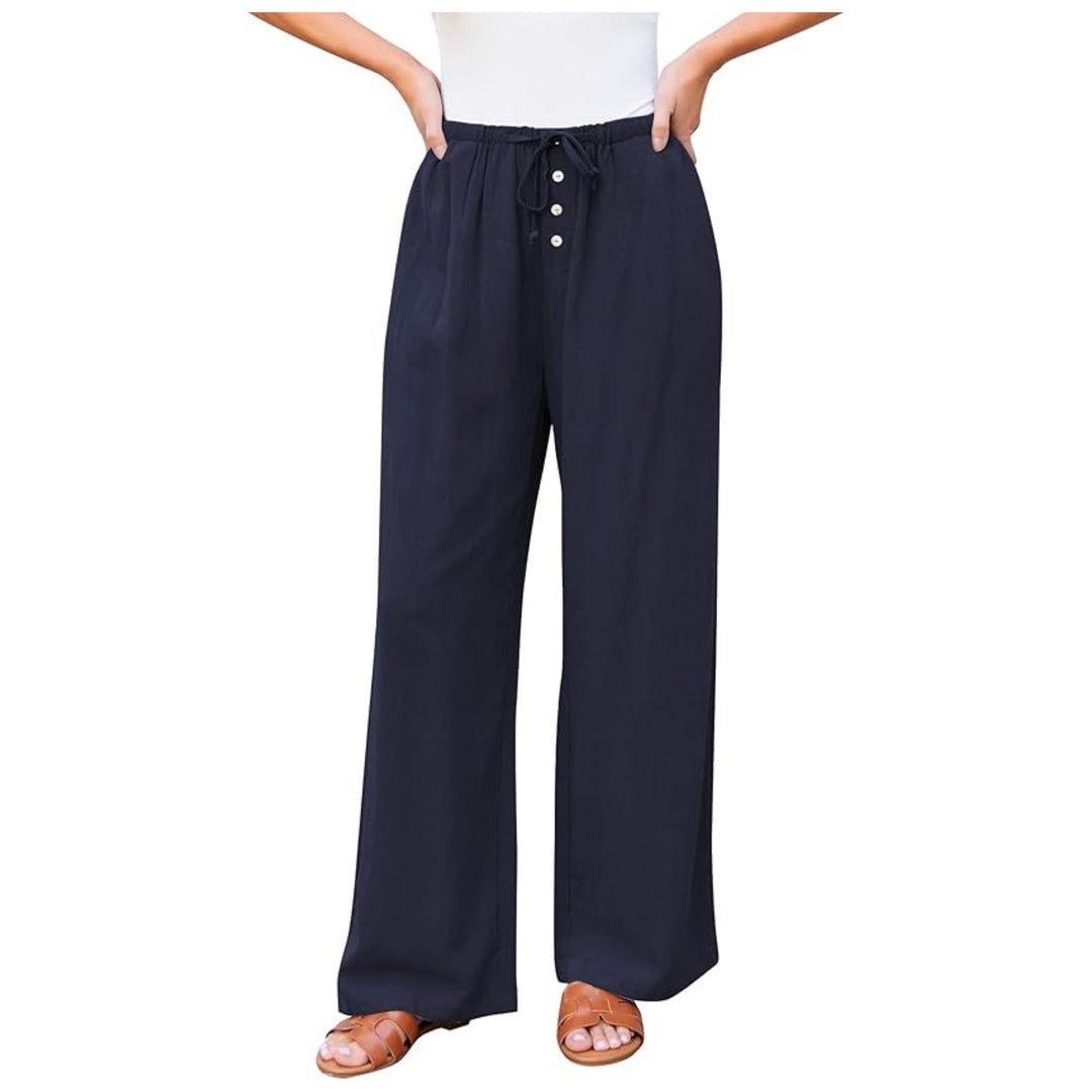 Women's wide linen pants with elastic waistband, drawstring, and button placket Mune Fashion