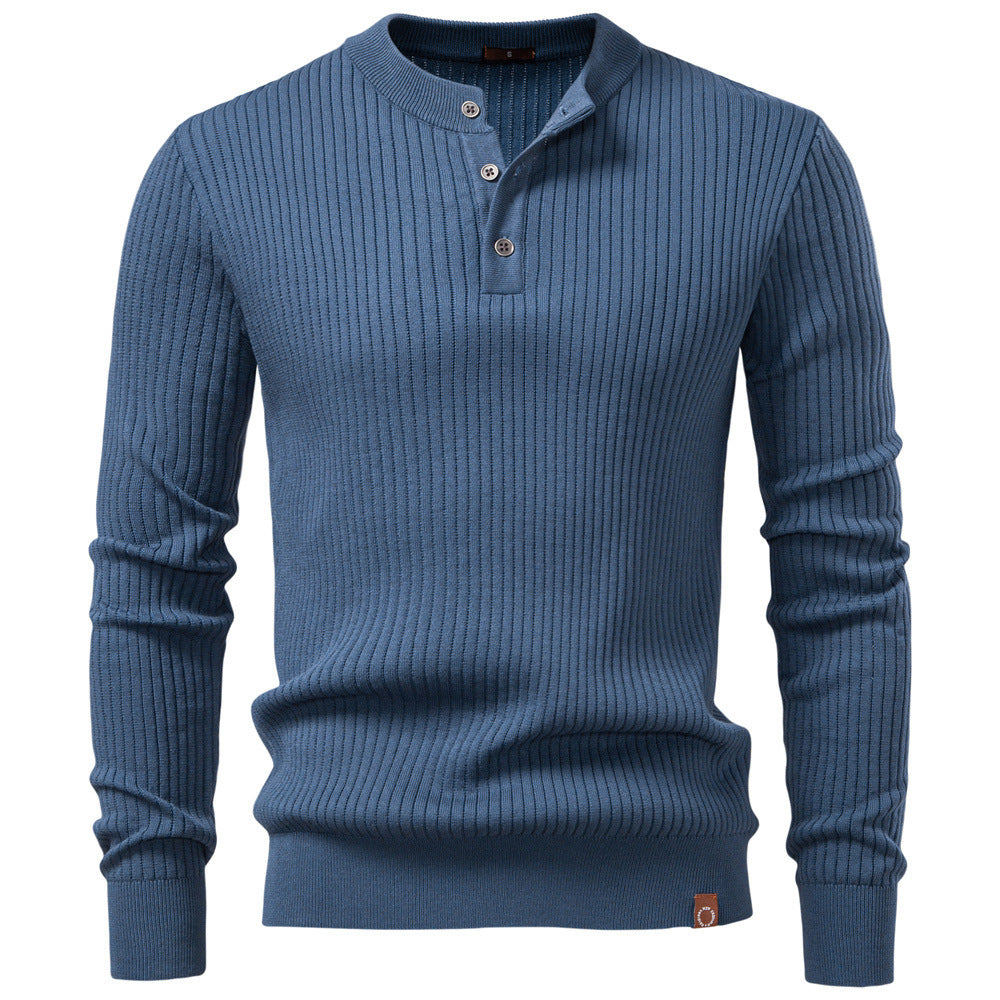 Men's ribbed long-sleeve henley pullover with stand-up collar, fine rib knit and slim fit Mune Fashion