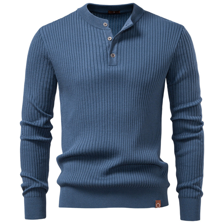 Men's ribbed long-sleeve henley pullover with stand-up collar, fine rib knit and slim fit Mune Fashion
