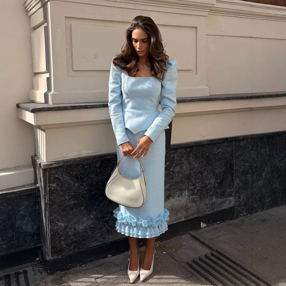 Ladies two-piece tailored ensemble with square neckline and flounce midi skirt Mune Fashion