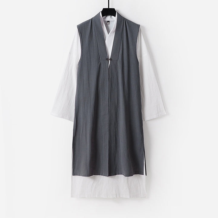 Ladies Long Sleeveless Kimono Vest with Minimalist Lines and Decorative Toggle Closure Mune Fashion