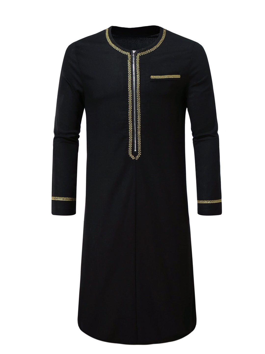 Men's Elegant Long Tunic with Round Neckline, Front Zipper and Golden Decorative Embroidery Mune Fashion