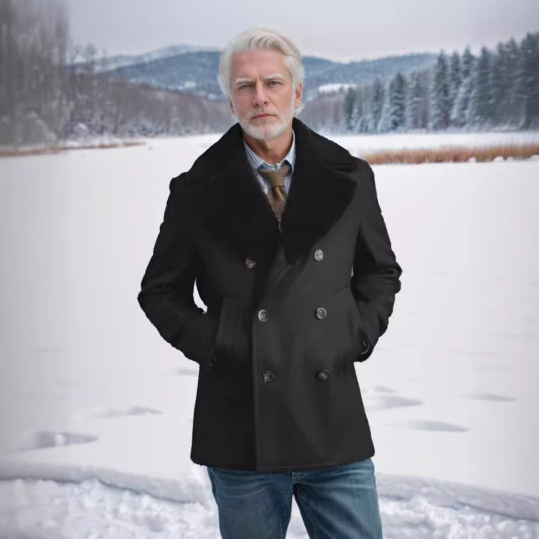 Men's short coat in pea coat style made of wool blend with voluminous teddy collar and side pockets Mune Fashion