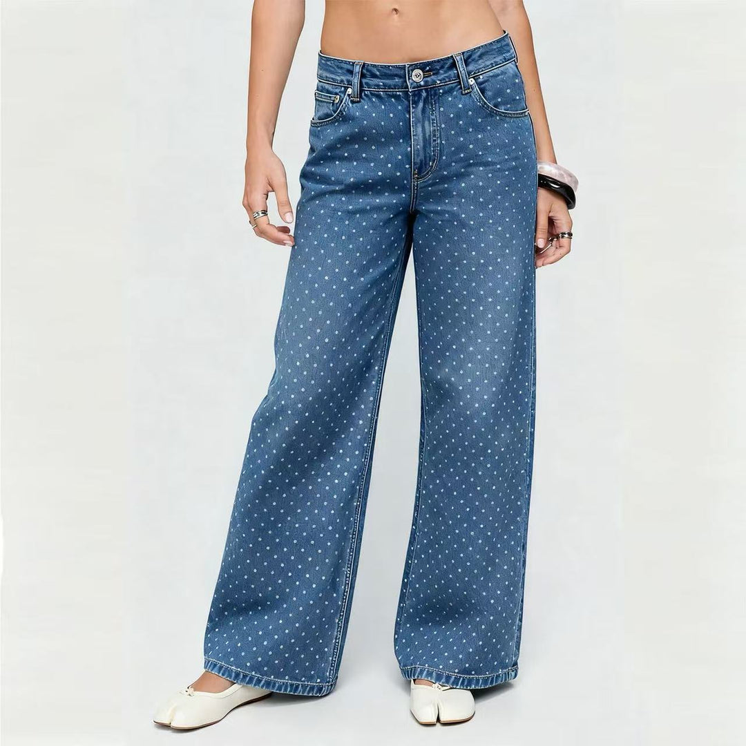 Women's high-waisted wide denim pants with continuous dot pattern and classic pocket design Mune Fashion