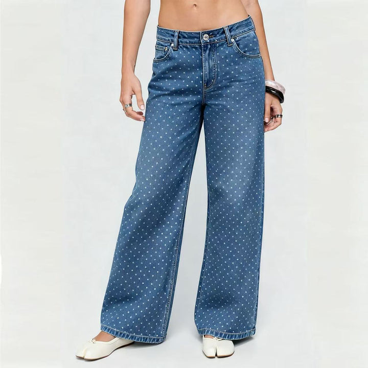 Women's high-waisted wide denim pants with continuous dot pattern and classic pocket design Mune Fashion