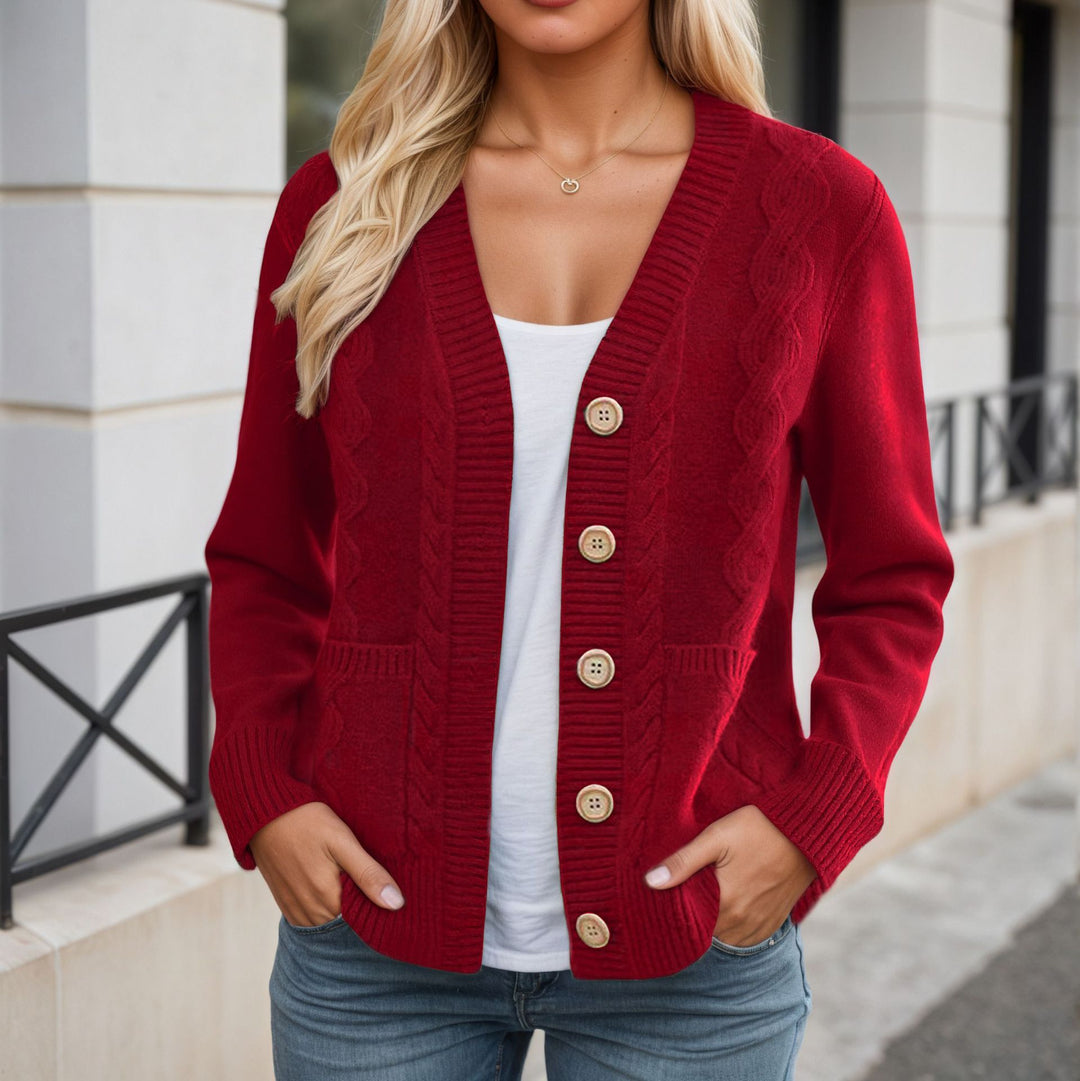 Women’s longer knitted cardigan with cable structure, V-neck and wooden button placket Mune Fashion