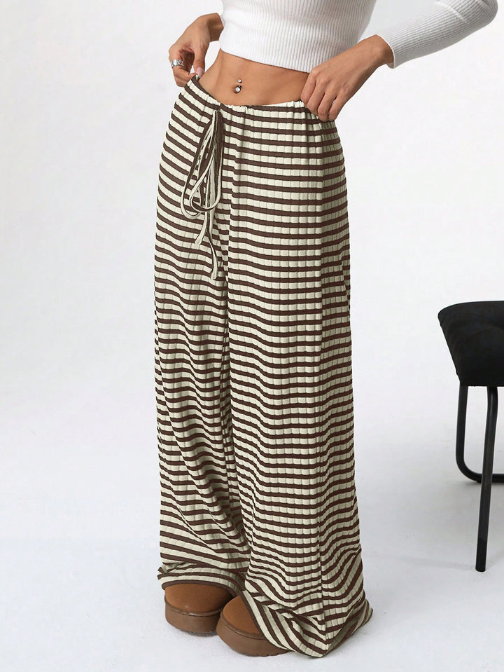 Women's loungewear pants with wide leg, ribbed fine knit and drawstring Mune Fashion