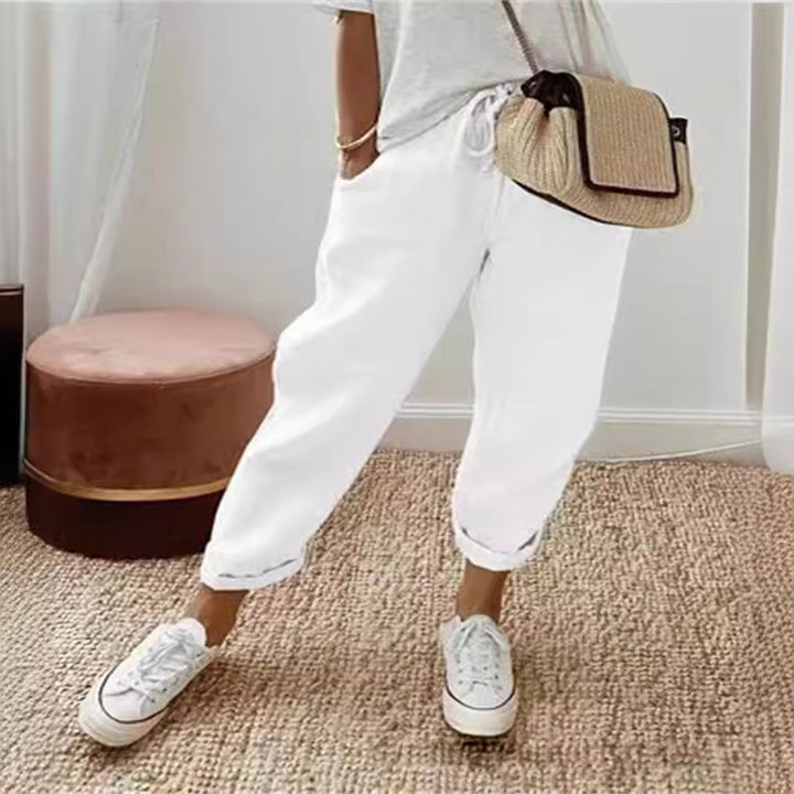 Women's lightweight linen pants with drawstring, loose pleat fit, and rolled ankle hem Mune Fashion