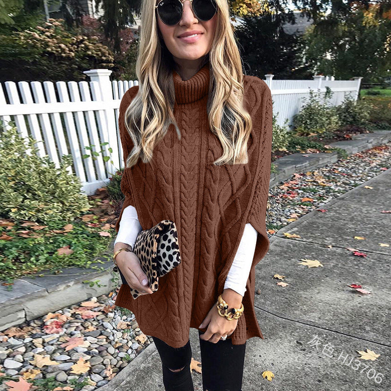 Ladies nan kastiger knit poncho with high turtleneck, cable structure and side slits Mune Fashion