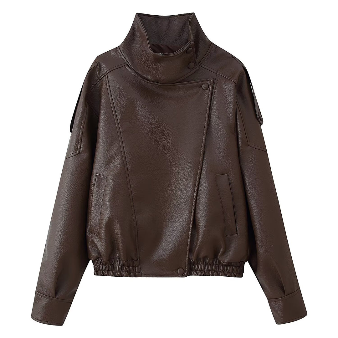 Women's Short Cut Faux Leather Bomber Jacket with High Stand Collar, Asymmetric Snap Button Placket and Elastic Hem Mune Fashion