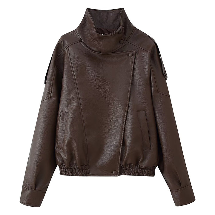 Women's Short Cut Faux Leather Bomber Jacket with High Stand Collar, Asymmetric Snap Button Placket and Elastic Hem Mune Fashion