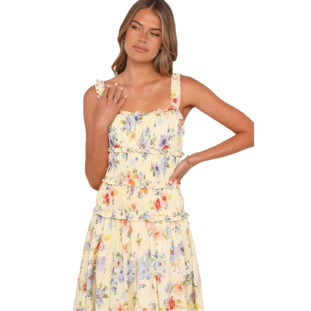 Women nan airy-light tiered midi dress with gathered bodice and ruffled straps Mune Fashion