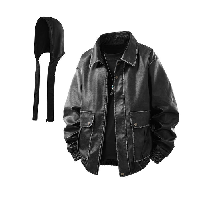 Men's Oversized Faux-Leather Bomber Jacket with Removable Hood and Utility Pockets Mune Fashion