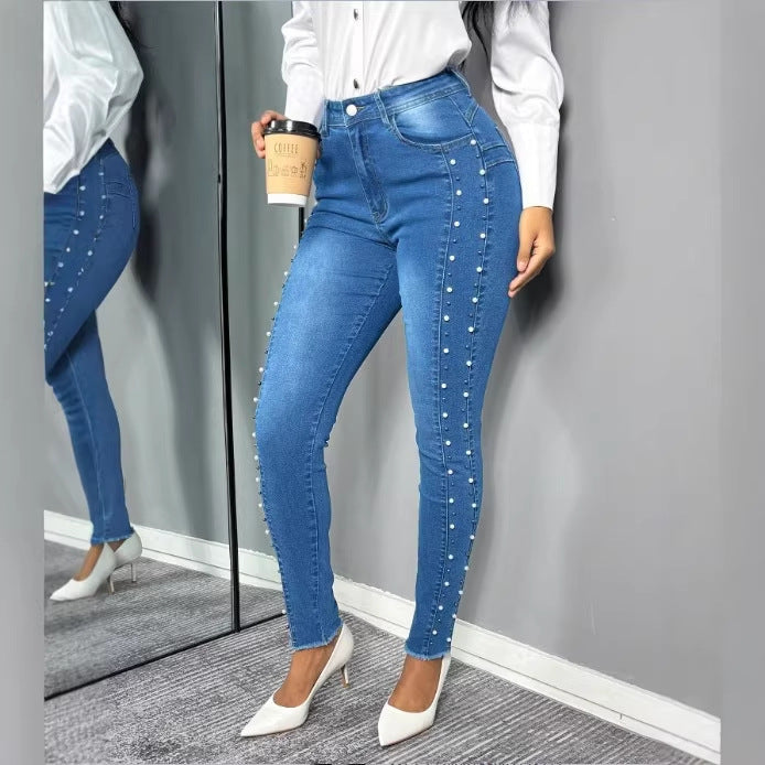 Women's shaping high-waisted skinny jeans with side pearl embellishment Mune Fashion