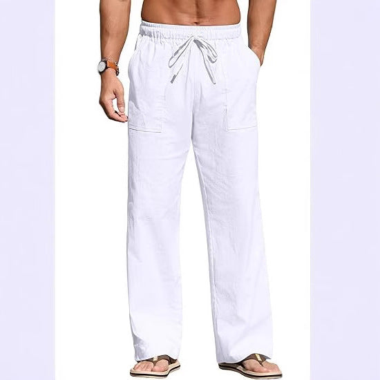 Men's lightweight linen pants with elastic waistband, drawstring, and patch pockets Mune Fashion
